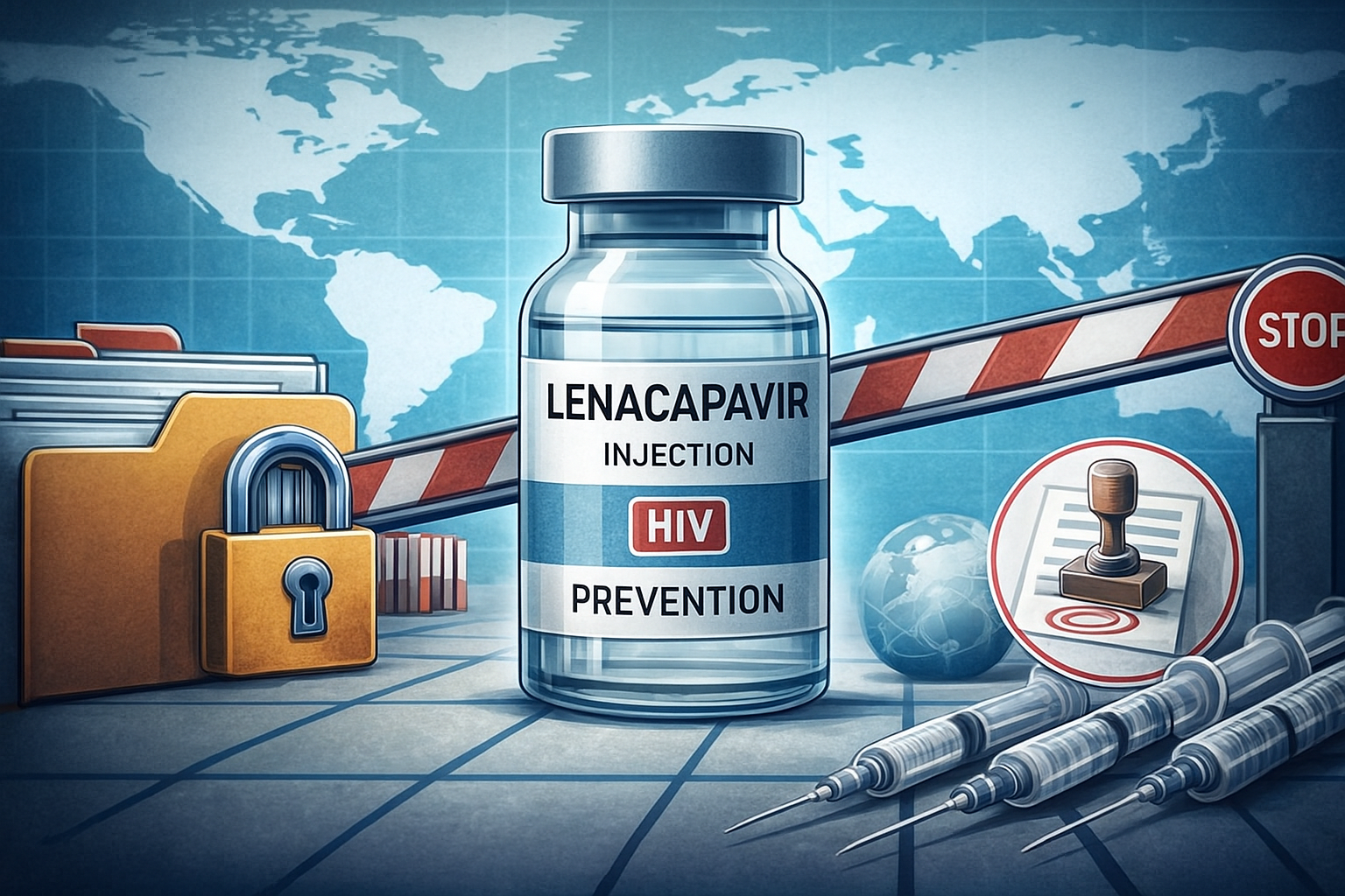 Digital news-style image showing a Lenacapavir HIV drug vial placed on a table with blurred hospital equipment in the background, symbolizing India’s Lenacapavir supply crisis and global treatment impact