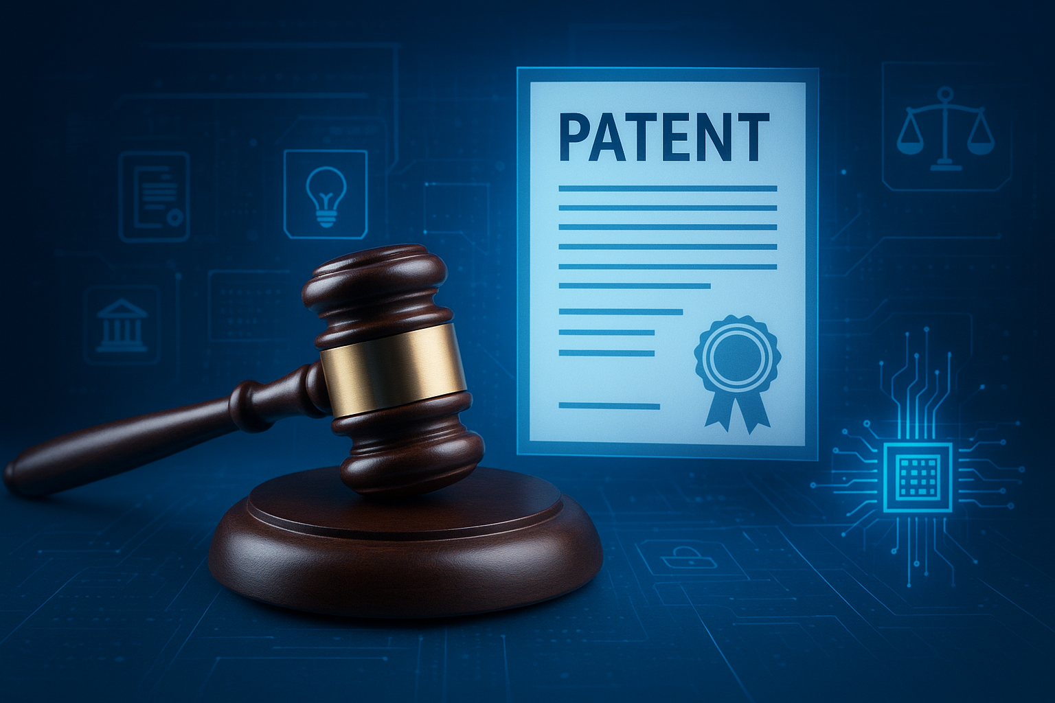 Illustration of a gavel and a digital patent certificate with holographic legal icons, representing the Patents (Amendment) Rules 2025 and the new digital adjudication system in India