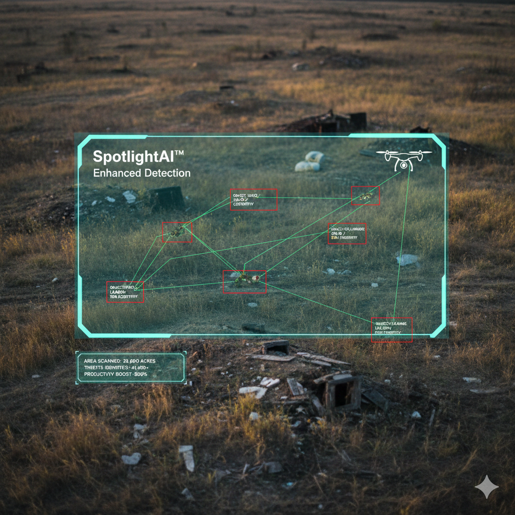 AI computer vision interface showing autonomous detection and labeling of explosive threats from a high-altitude drone perspective.
