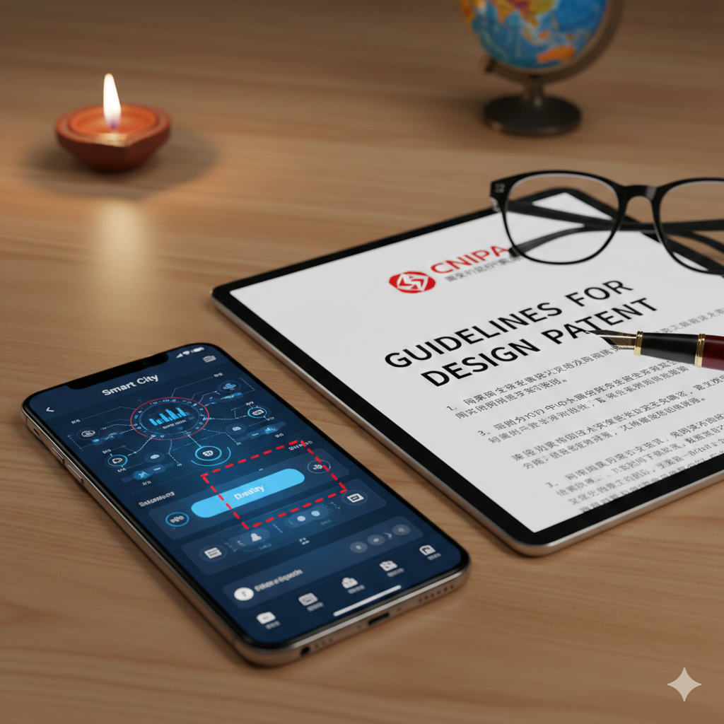 Smartphone with a Graphical User Interface (GUI) to illustrate the new CNIPA partial design patent guidelines in China.