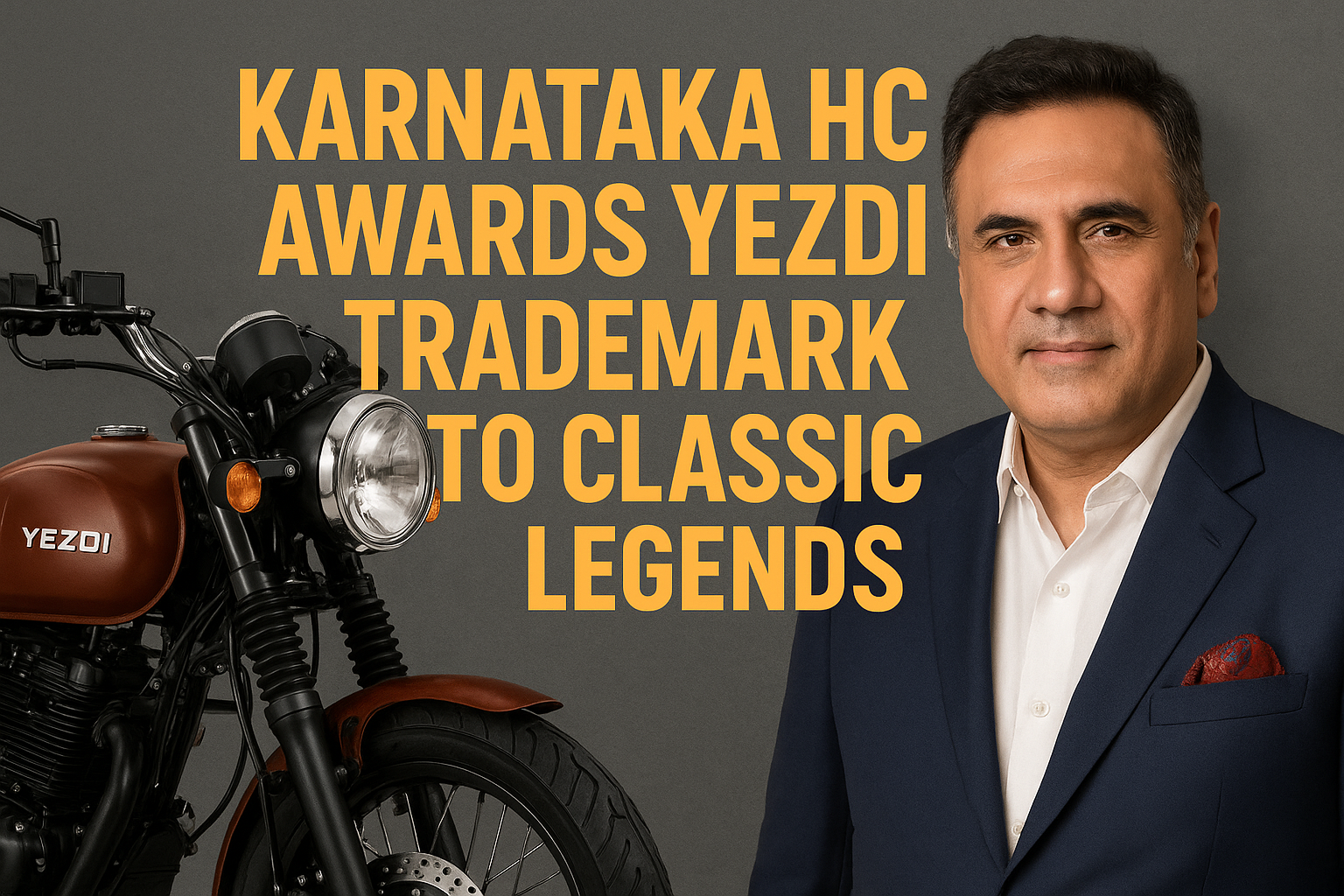 Digital news graphic showing Karnataka High Court building with Yezdi motorcycle silhouette and trademark symbol representing the Yezdi trademark ruling