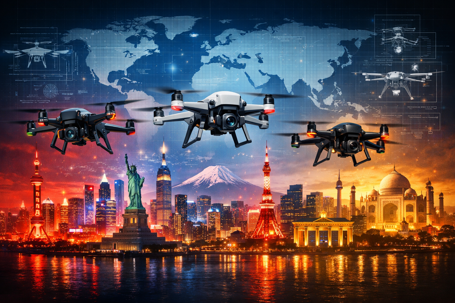Illustration showing drones flying over China, the US, Japan, Germany, and India, symbolizing competition in drone patents and unmanned technology.