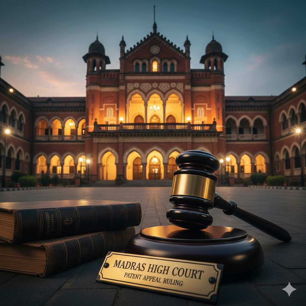 A professional legal graphic featuring the Madras High Court building in the background with a wooden gavel and law books in the foreground. A gold-embossed plaque reads "Madras High Court Patent Appeal Ruling," symbolizing the finality of the court's decision.