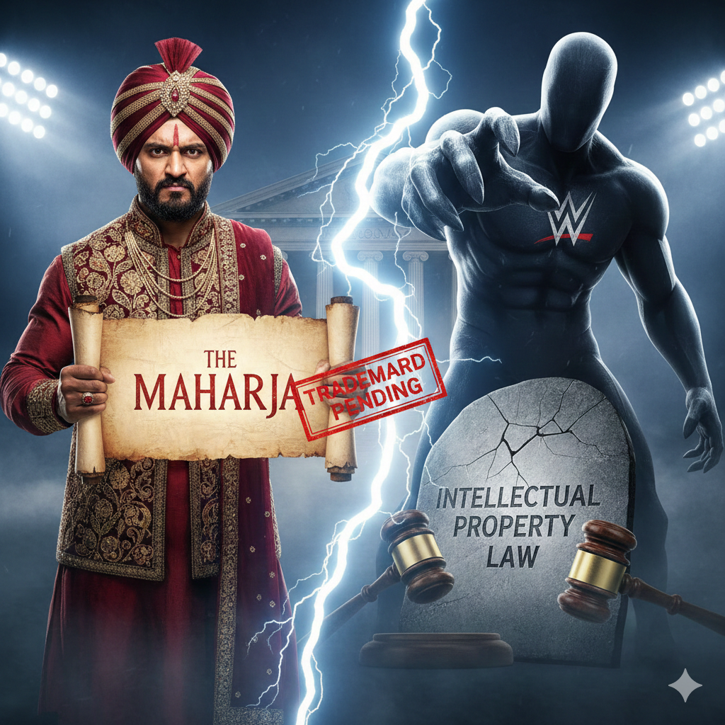 Digital illustration showing Jinder Mahal dressed as The Maharaja on the left, holding a scroll labeled 'The Maharaja Trademark Pending,' facing a shadowy, muscular figure representing WWE on the right. A lightning bolt separates them, and the WWE figure stands near a cracked tombstone labeled 'Intellectual Property Law,' with two judge's gavels on the ground.