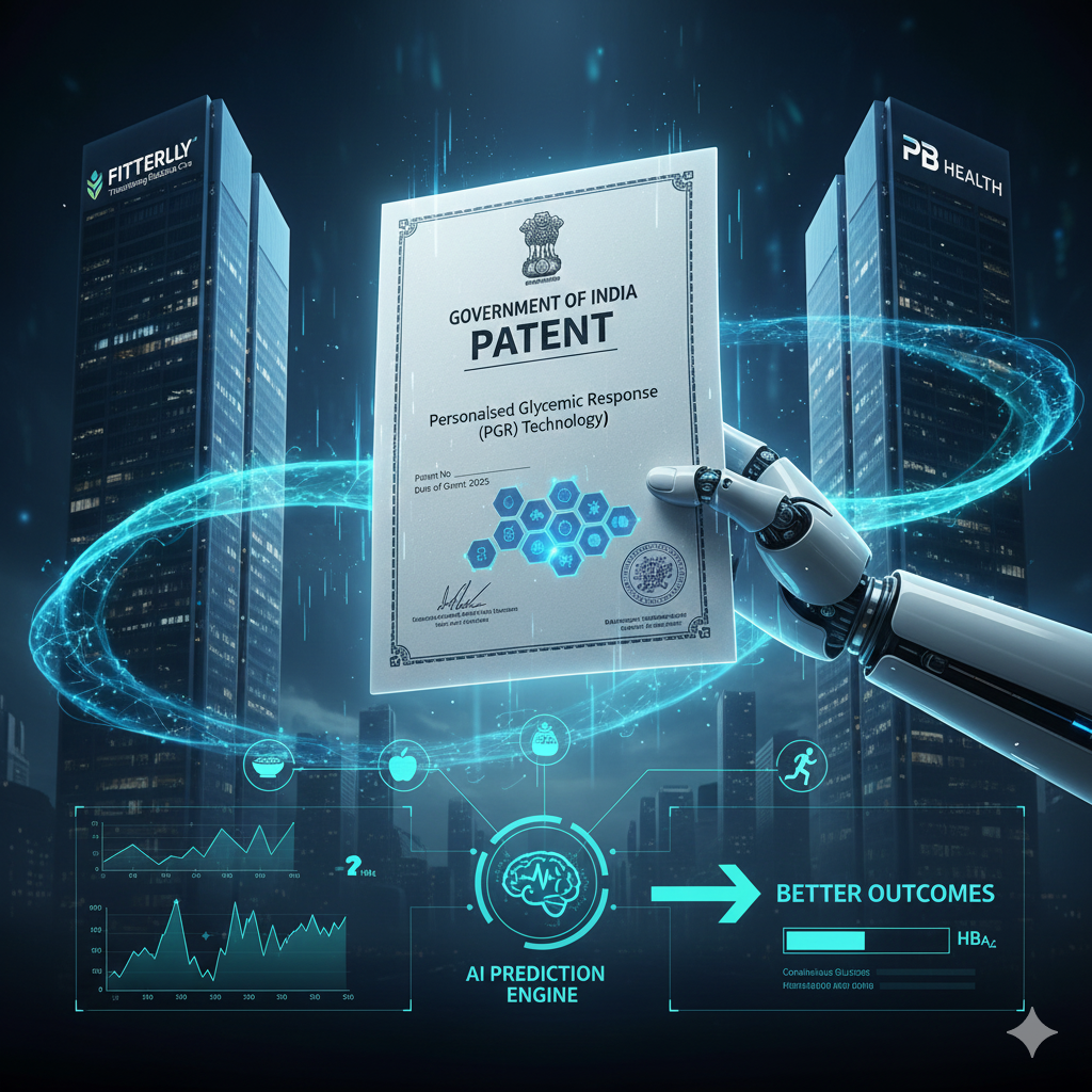 Fitterfly PGR technology patent diagram showing AI analysis of CGM data for diabetes outcomes