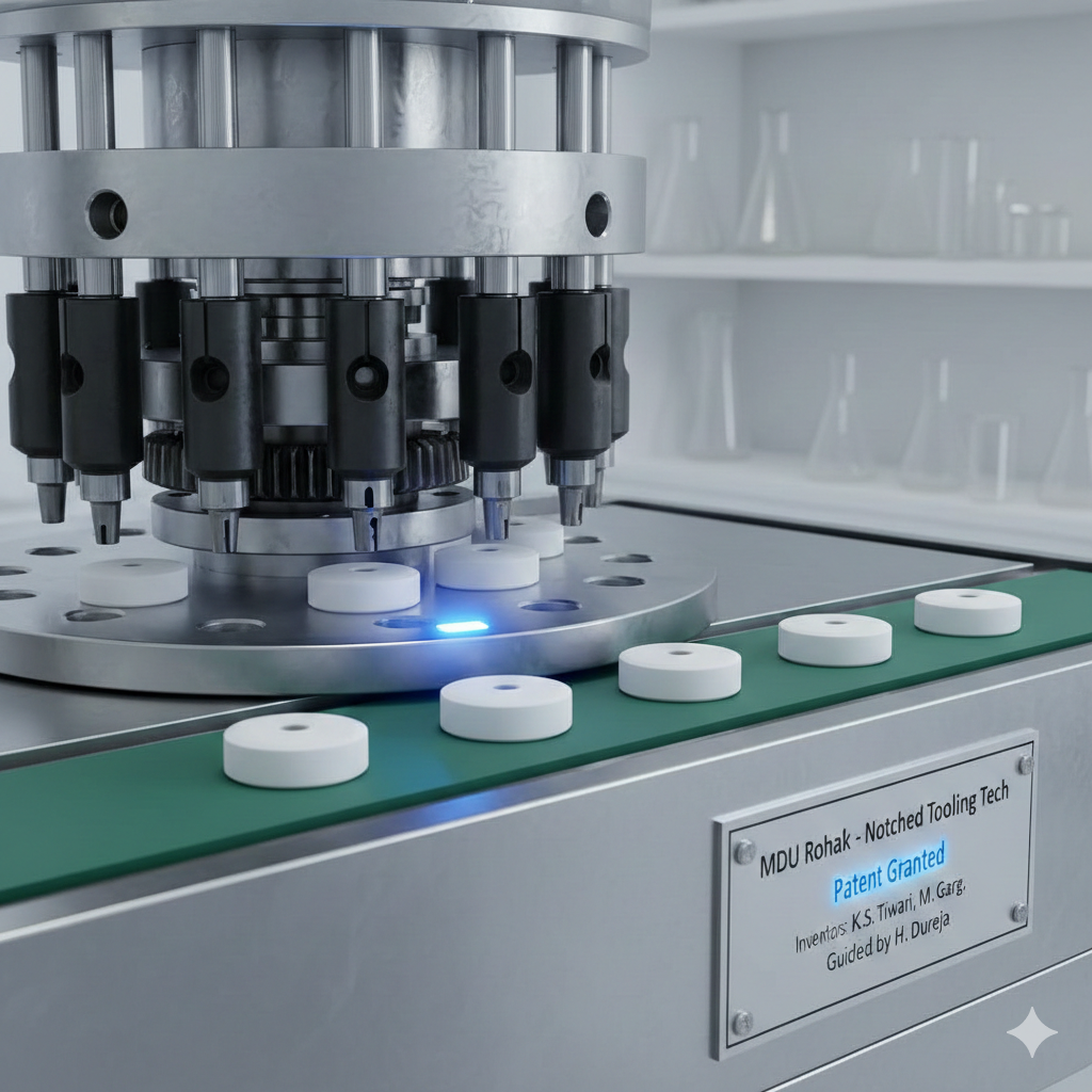 A detailed, realistic 3D render of a pharmaceutical manufacturing process. A stainless steel tablet compression machine with specialized notched tooling is actively drilling precise central holes into white, round osmotic tablets moving along a green conveyor belt. A plaque on the machine reads: "MDU Rohtak - Notched Tooling Tech," "Patent Granted," and lists the inventors: "K.S. Tiwari, M. Garg, Guided by H. Dureja." The background shows blurred laboratory glassware on shelves, signifying a research environment.