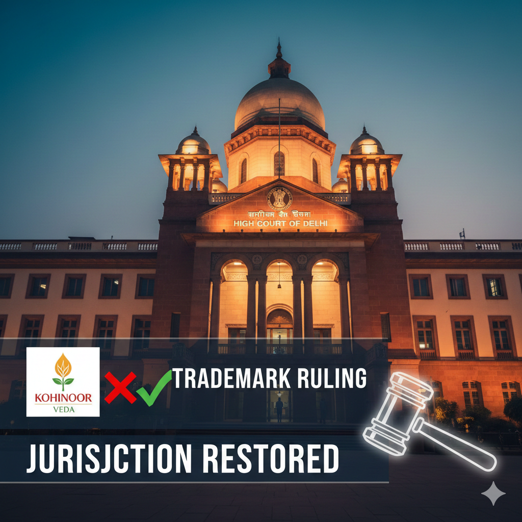 Delhi High Court building at dusk with overlaid text: "Trademark Ruling" and "Jurisdiction Restored," symbolizing the Kohinoor Seed vs Veda Seed case.