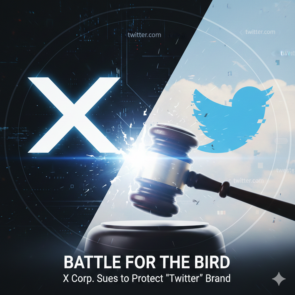 A conceptual graphic split diagonally. The left side shows a white "X" logo on a dark digital background with circuit lines. The right side shows the classic blue Twitter bird logo against a bright sky. A wooden judge’s gavel strikes the center where the two logos meet, creating a light spark.