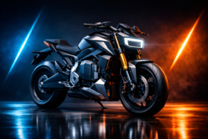 Futuristic TVS eFX 3O electric motorcycle concept with sharp angular bodywork, rectangular LED headlamp, exposed battery pack, and premium suspension in a dramatic studio setting.
