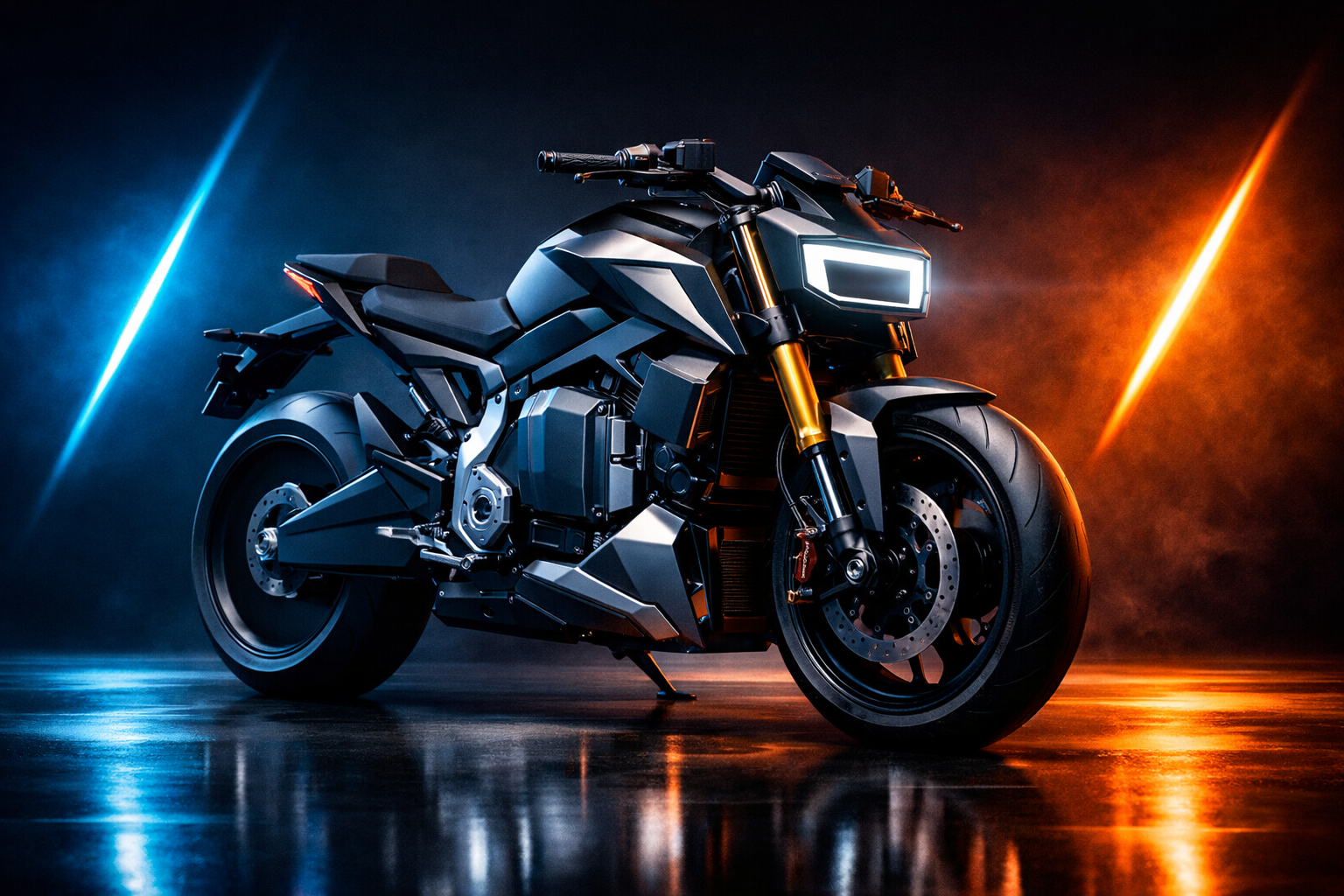 Futuristic TVS eFX 3O electric motorcycle concept with sharp angular bodywork, rectangular LED headlamp, exposed battery pack, and premium suspension in a dramatic studio setting.