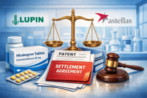 Pharmaceutical patent settlement concept showing legal scales, medicine packaging, and corporate healthcare imagery representing Lupin and Astellas agreement.