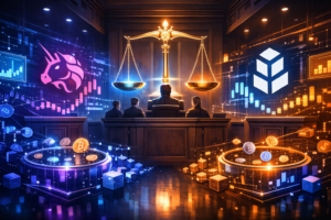 Illustration of a blockchain-themed courtroom showing Uniswap winning a patent dispute against Bancor involving automated market maker technology.