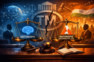 Illustration showing legal scales with AI symbols representing trademark dispute between global AI company Anthropic and Indian software firm.