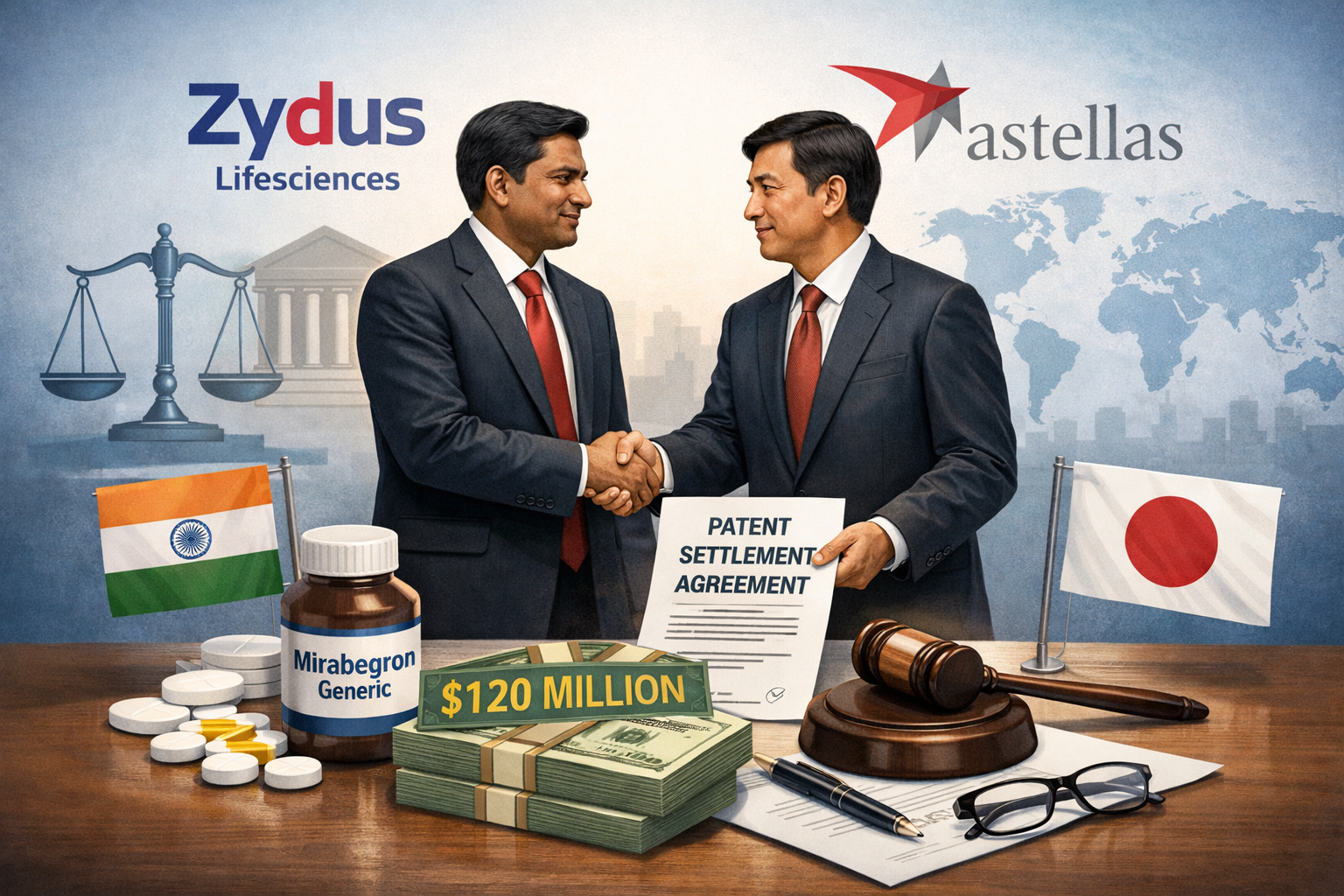 Illustration representing pharmaceutical patent agreement between Zydus Lifesciences and Astellas Pharma involving Mirabegron drug settlement and licensing deal.