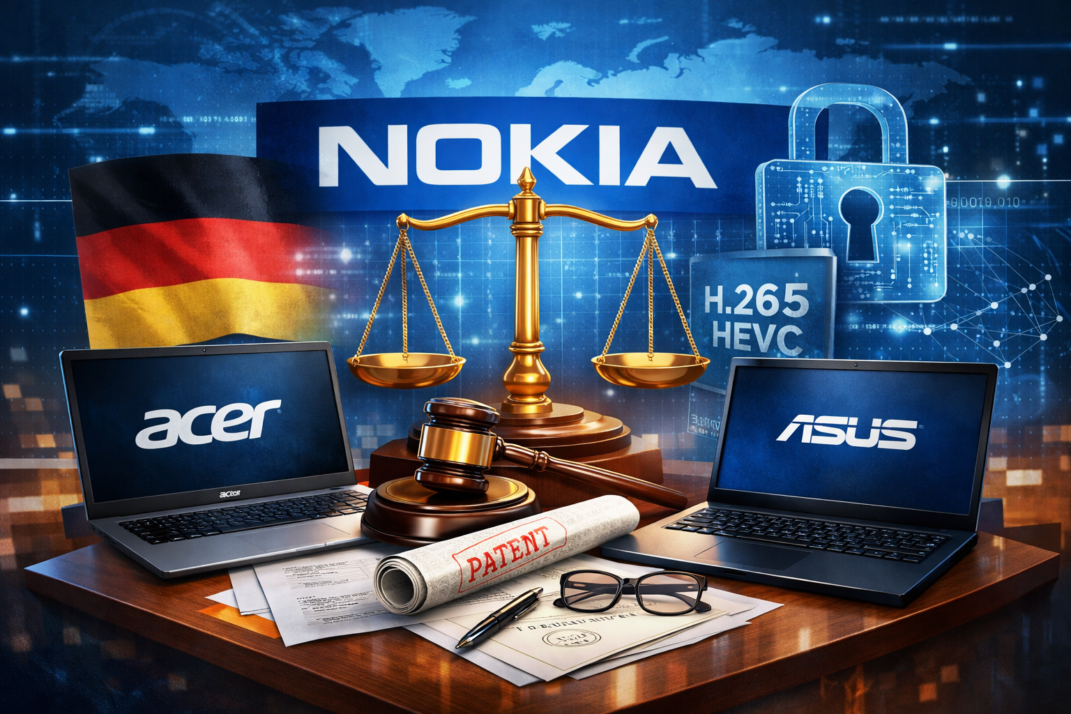 Nokia HEVC patent ruling Germany Acer ASUS PC sales ban tech industry legal dispute illustration