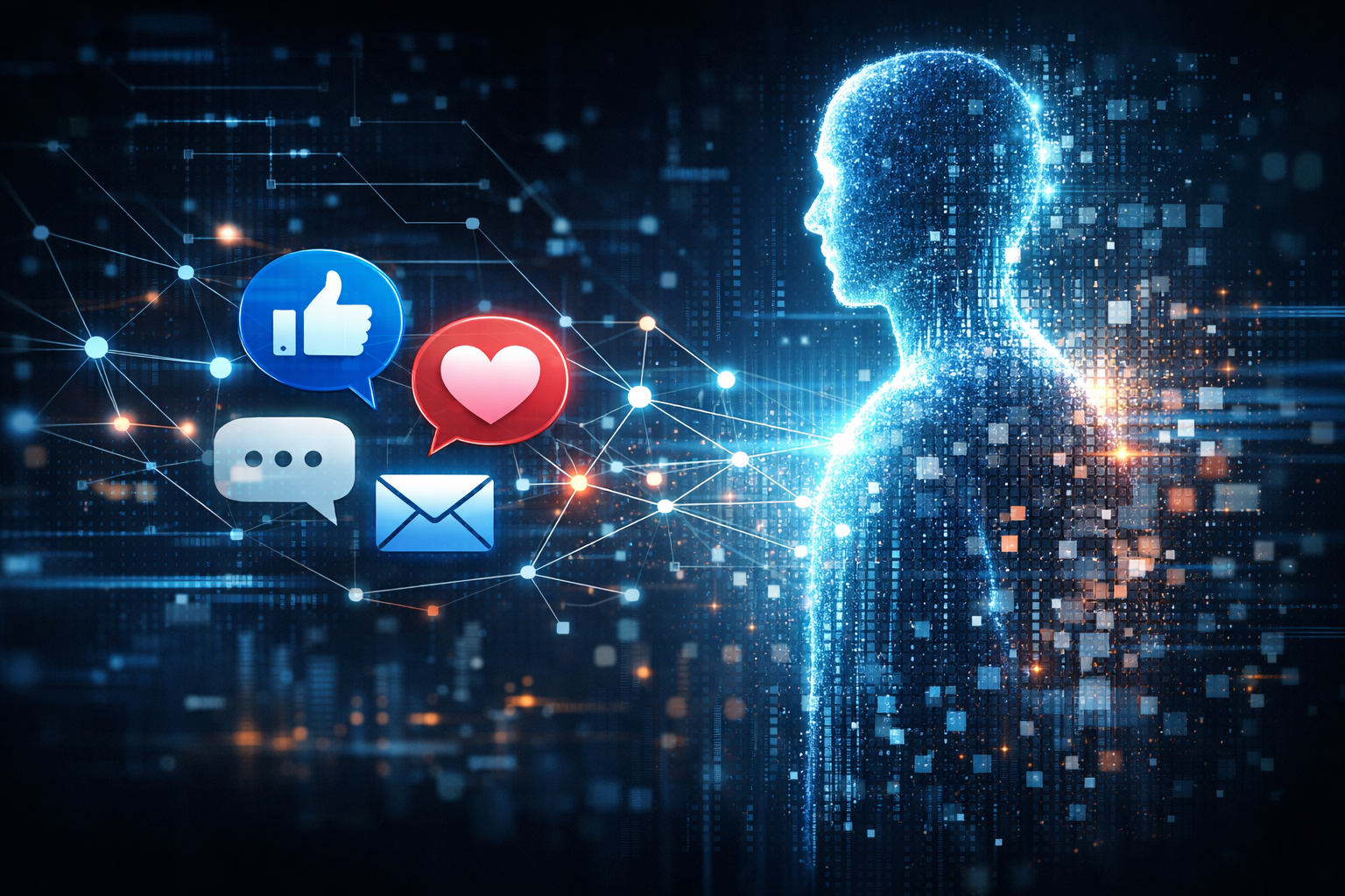 Futuristic illustration of a digital human avatar interacting with social media icons, representing Meta’s AI patent designed to simulate user activity after death.