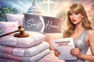 Taylor Swift trademark dispute illustration showing bedding products and branding conflict concept