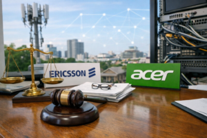Illustration showing Ericsson and Acer logos representing a legal dispute over 4G and 5G wireless patent licensing and standard-essential patents in the telecom industry.
