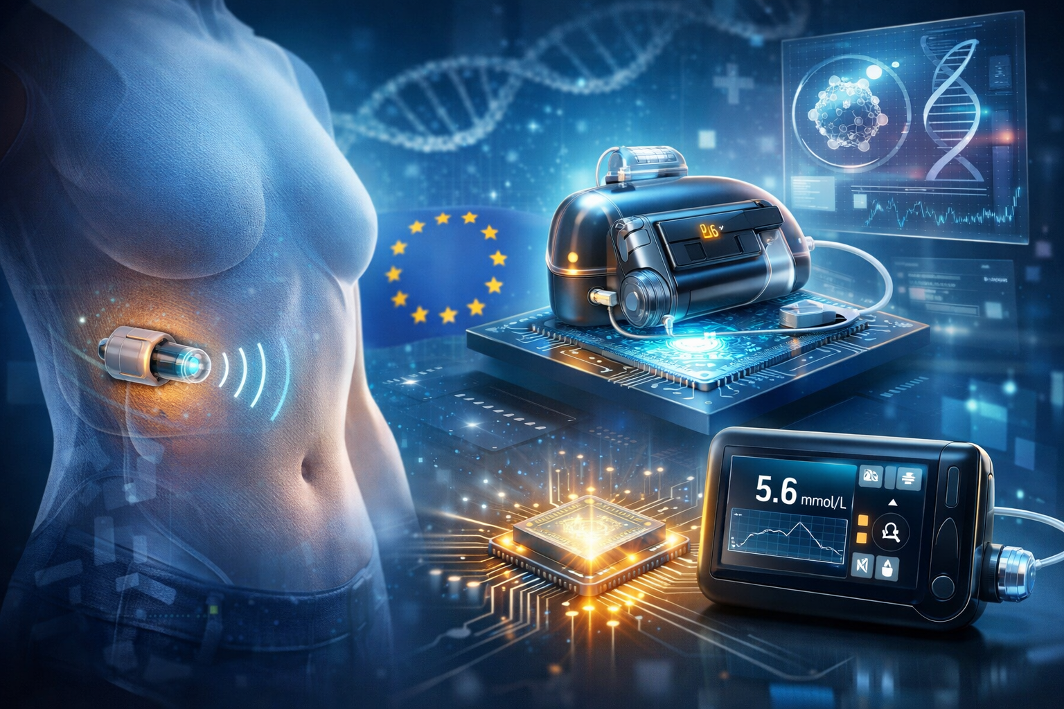 Conceptual illustration of implantable artificial pancreas and continuous glucose monitoring technology linked to Lifecare European patent development.