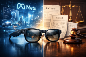Illustration of smart glasses surrounded by patent documents and legal symbols highlighting Meta’s smart glasses patent dispute.
