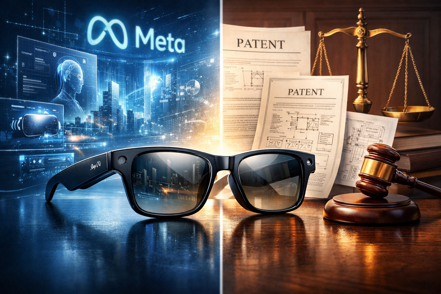 Illustration of smart glasses surrounded by patent documents and legal symbols highlighting Meta’s smart glasses patent dispute.