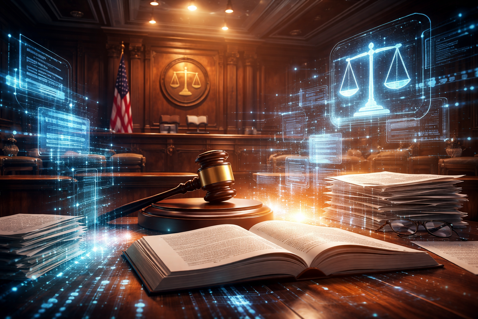 Conceptual illustration of a courtroom with artificial intelligence graphics representing legal sanctions related to AI-generated fake case law in patent litigation.