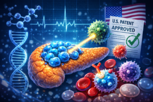 Conceptual medical illustration showing immunotherapy targeting pancreatic beta cells for type 1 diabetes treatment after Diamyd Medical’s US patent approval.