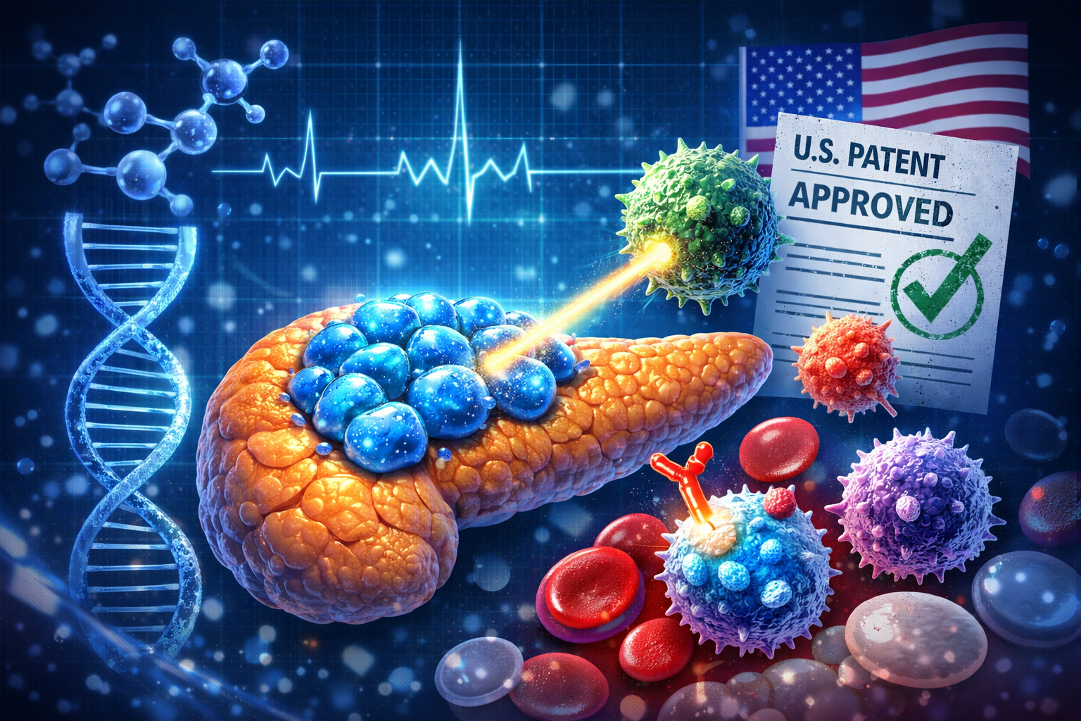 Conceptual medical illustration showing immunotherapy targeting pancreatic beta cells for type 1 diabetes treatment after Diamyd Medical’s US patent approval.