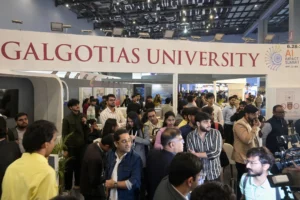 Galgotias University stall at India AI Impact Summit 2026 displaying robotic dog amid patent controversy