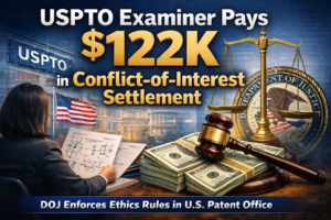 Graphic illustration showing a USPTO patent examiner reviewing documents with a gavel, cash, and scales of justice symbolizing the $122,480 conflict-of-interest settlement announced by the U.S. Department of Justice.