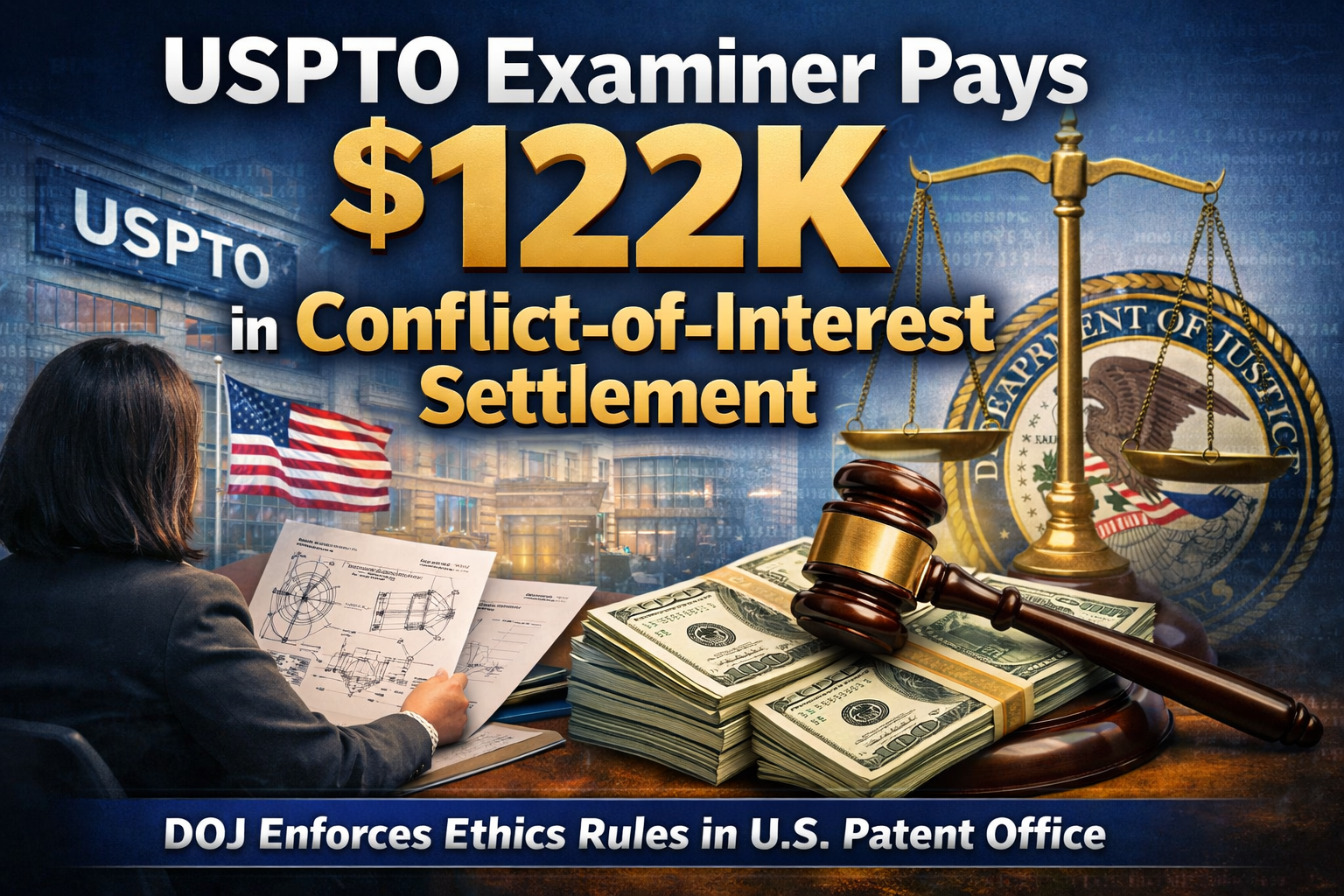 Graphic illustration showing a USPTO patent examiner reviewing documents with a gavel, cash, and scales of justice symbolizing the $122,480 conflict-of-interest settlement announced by the U.S. Department of Justice.