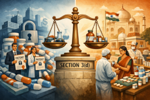 Illustration showing India’s legal battle over pharmaceutical patent evergreening and generic drug competition.