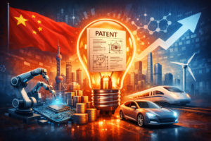 Illustration representing China’s strategy to commercialize patents and transform innovation into economic growth.