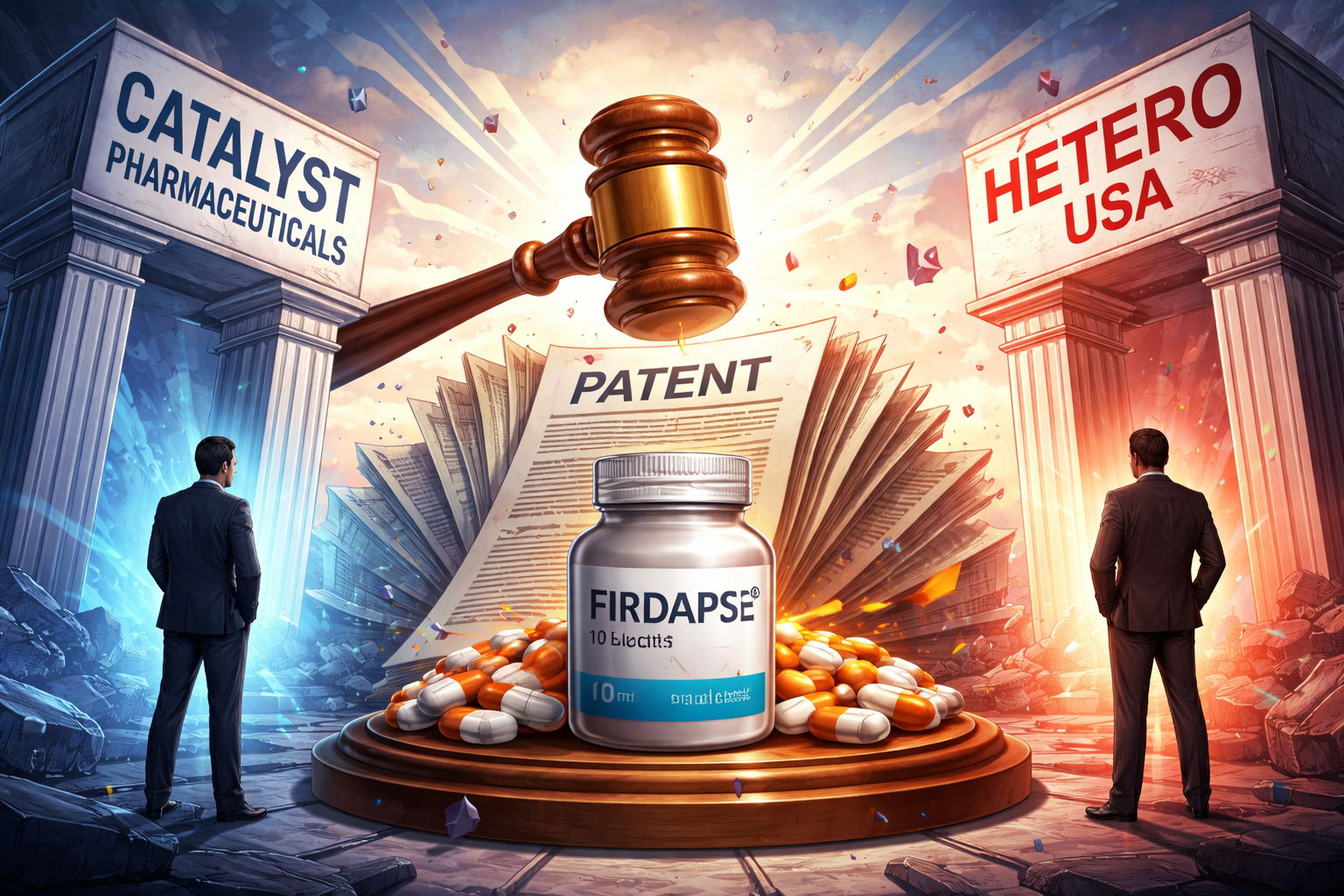 Catalyst Pharmaceuticals vs Hetero USA patent trial delay highlighting FIRDAPSE drug dispute and generic competition in US pharma market