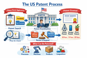 Illustration showing the US patent process including filing, examination, and approval stages by the USPTO