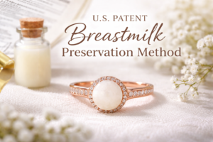 Breastmilk jewelry ring showcasing preserved milk using patented KeepsakeMom preservation technology
