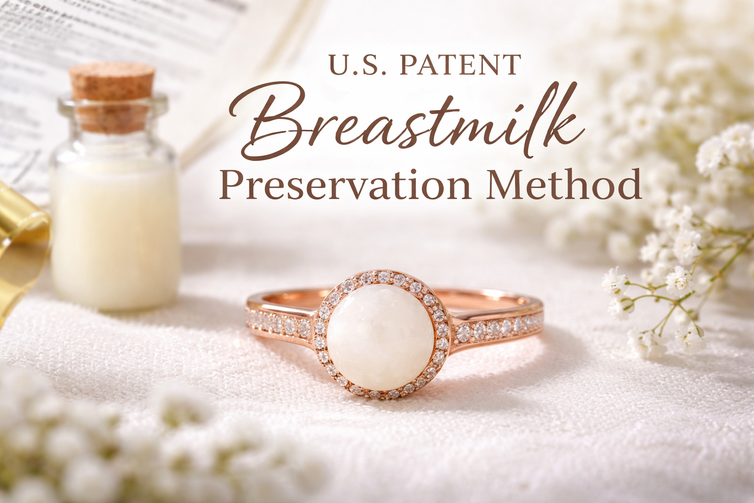 Breastmilk jewelry ring showcasing preserved milk using patented KeepsakeMom preservation technology