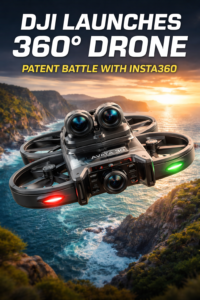 DJI Avata 360 drone capturing immersive 8K aerial footage with dual lens system