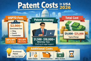 Detailed chart showing patent cost breakdown in the US including USPTO fees and attorney charges in 2026