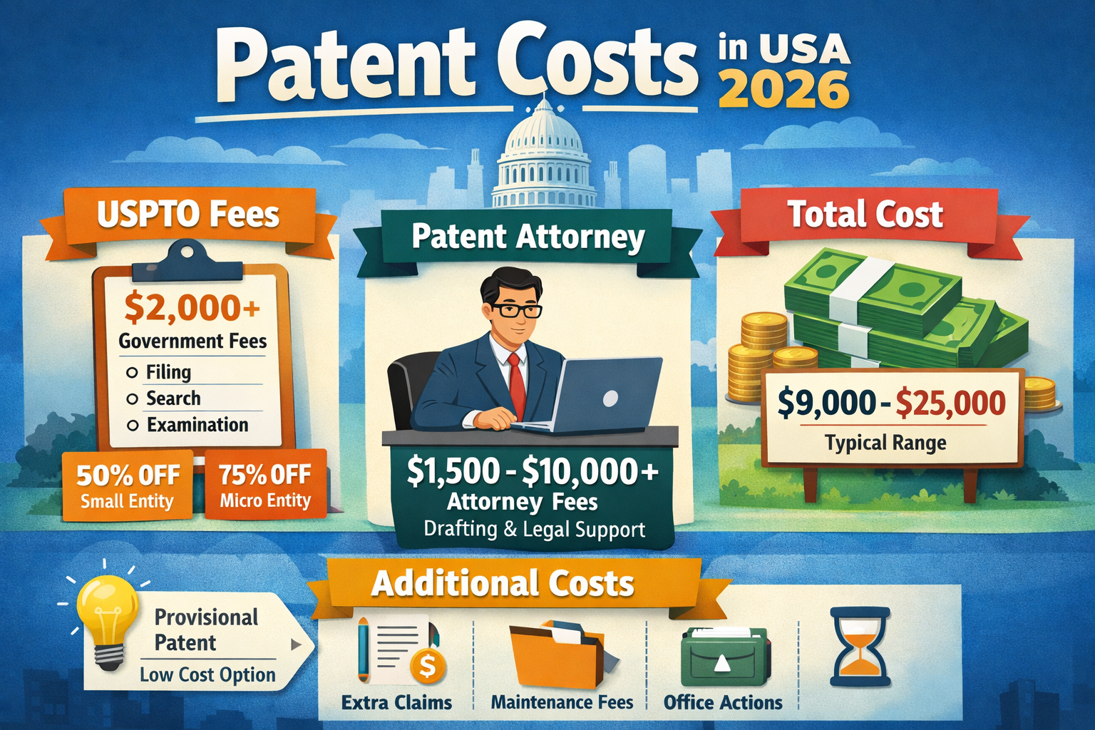 Detailed chart showing patent cost breakdown in the US including USPTO fees and attorney charges in 2026