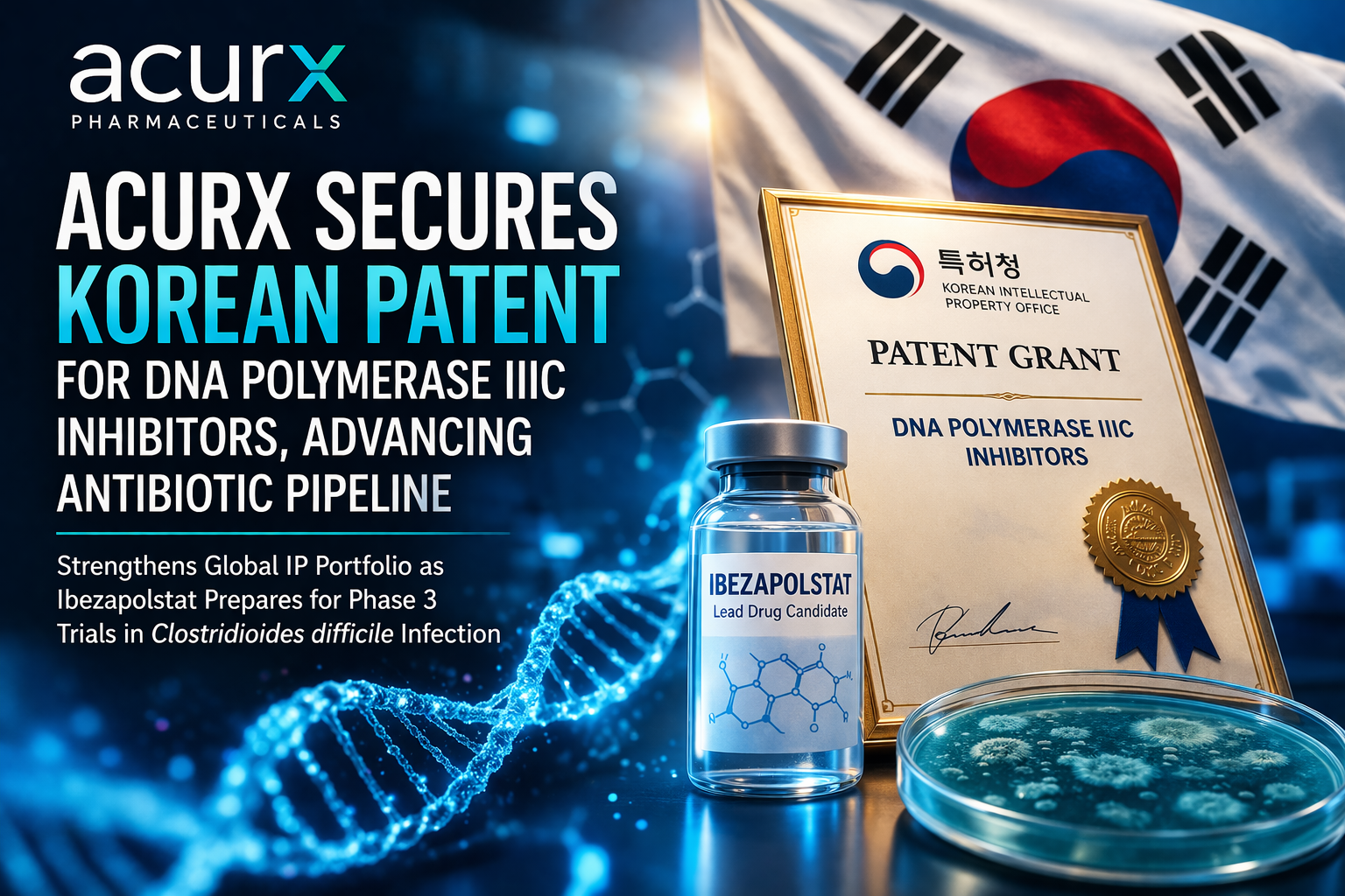 Acurx Pharmaceuticals secures Korean patent for DNA Polymerase IIIC inhibitors to advance ibezapolstat antibiotic