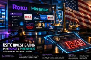 USITC investigating Roku and Hisense for alleged patent violations in smart TV technology with legal scales and streaming interface