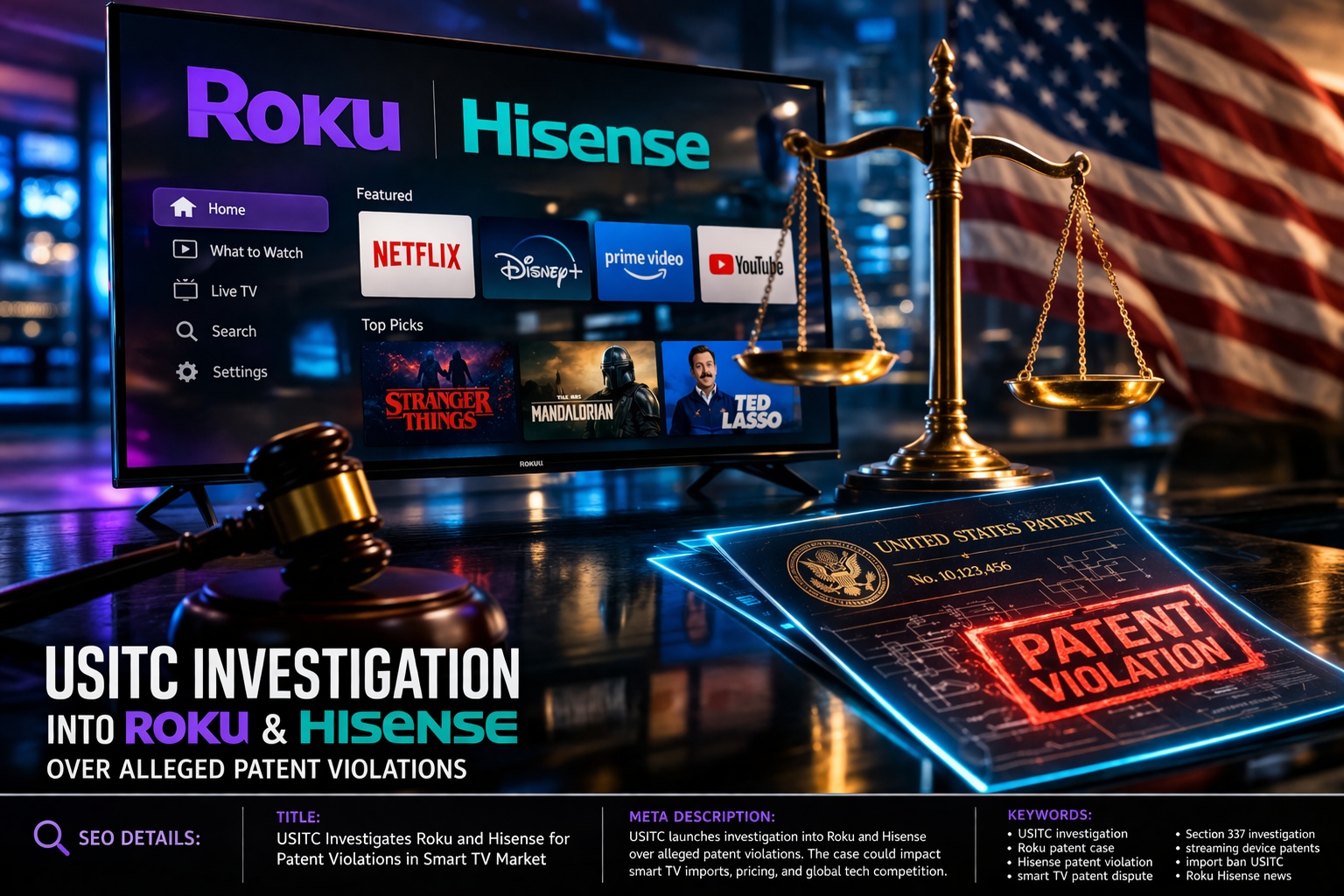 USITC investigating Roku and Hisense for alleged patent violations in smart TV technology with legal scales and streaming interface