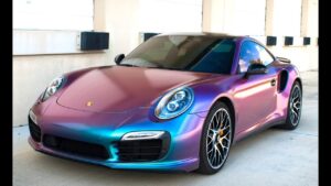 Porsche concept car with color-changing exterior film and dynamic racing stripes